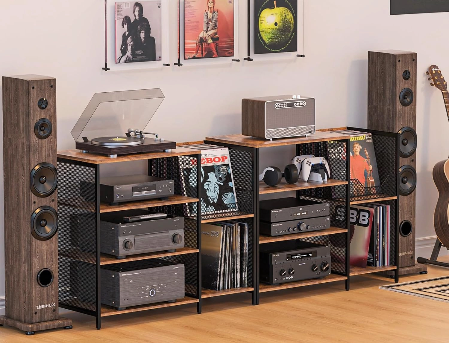 Large Professional Record Player Stand Table with Record Storage Holder, 4 Tier Rustic Media Console Table Stereo Stand Cabinet, Audio Video Shelving/Turntable Stand Shelf for Entertainment Center