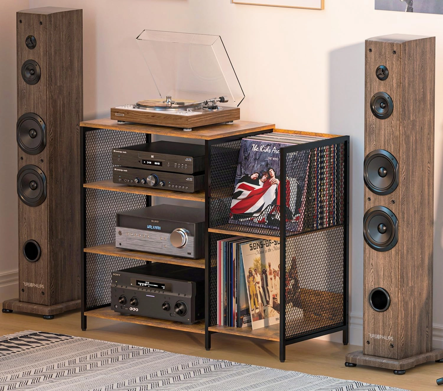 Large Professional Record Player Stand Table with Record Storage Holder, 4 Tier Rustic Media Console Table Stereo Stand Cabinet, Audio Video Shelving/Turntable Stand Shelf for Entertainment Center