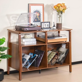 Large Record Player Stand,Mid Century Turntable Stand Table with Open Storage Holds up to 300 Albums,Vinyl Record Storage Display Shelf for Living Room Bedroom (Walnut) vinyl storage,record holder,LP organizer,