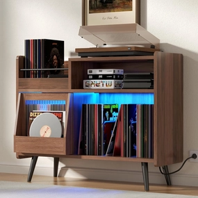 Large Record Player Stand,Turntable Stand Shelf with with Power Outlet and LED Light,Vinyl Record Storage Cabinet Up to 350 Albums, Wood Record Player Holder Table for Living Room,Office vinyl storage,record holder,LP organizer,
