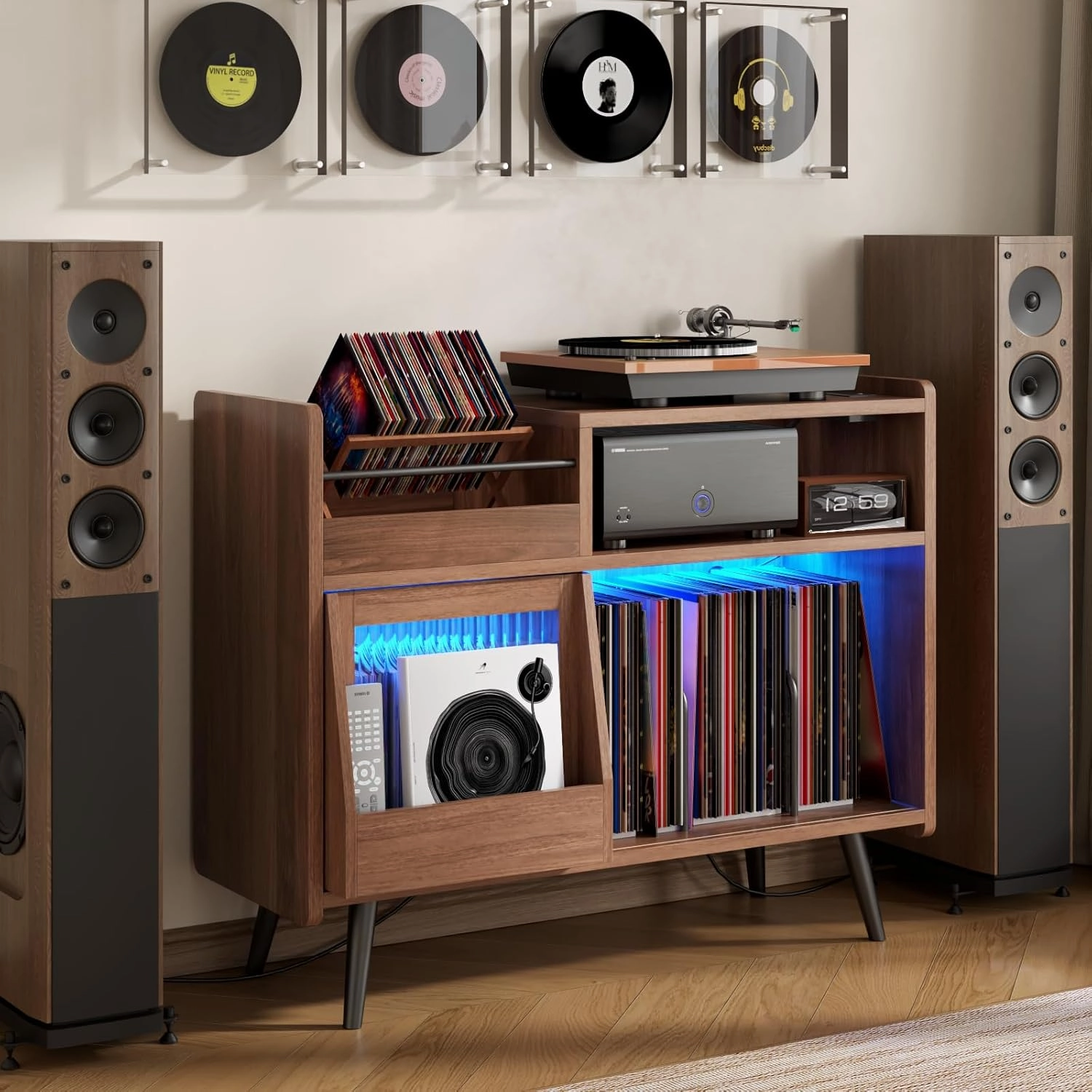 Large Record Player Stand,Turntable Stand Shelf with with Power Outlet and LED Light,Vinyl Record Storage Cabinet Up to 350 Albums, Wood Record Player Holder Table for Living Room,Office