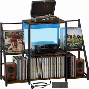 Large Record Player Stand Vintage Record Stand-Large Vintage Record Player Table with Power Outlet and LED Light,Record Storage Rack with Vinyl Display Shelf for Up to 300 Albums vinyl storage,record holder,LP organizer,
