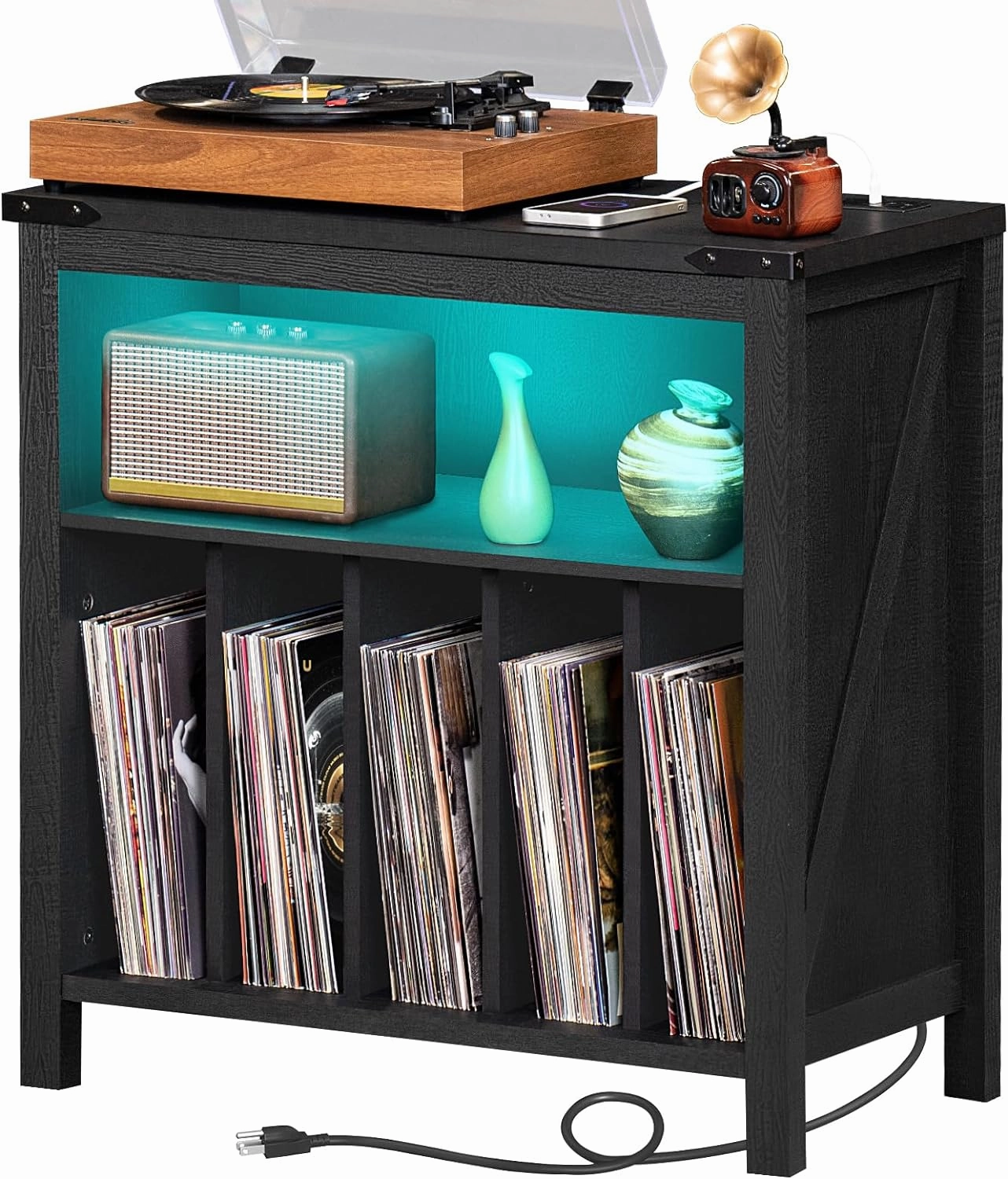 Large Record Player Stand with Charging Station & LED Lights, Black Vinyl Record Storage Holder Holds up to 230 Albums, Turntable Stand with Display Shelf for Music Room Bedroom Living Room. vinyl accessories,turntable parts,record player tools,