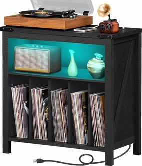 Large Record Player Stand with Charging Station & LED Lights, Black Vinyl Record Storage Holder Holds up to 230 Albums, Turntable Stand with Display Shelf for Music Room Bedroom Living Room. vinyl accessories,turntable parts,record player tools,