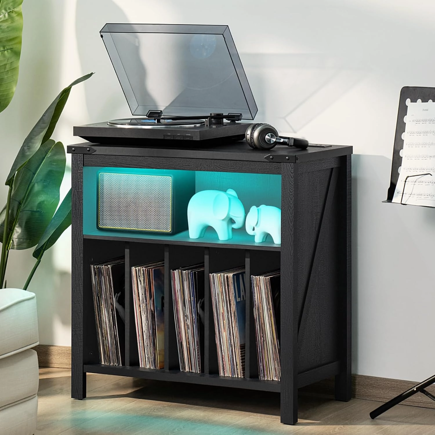 Large Record Player Stand with Charging Station & LED Lights, Black Vinyl Record Storage Holder Holds up to 230 Albums, Turntable Stand with Display Shelf for Music Room Bedroom Living Room.