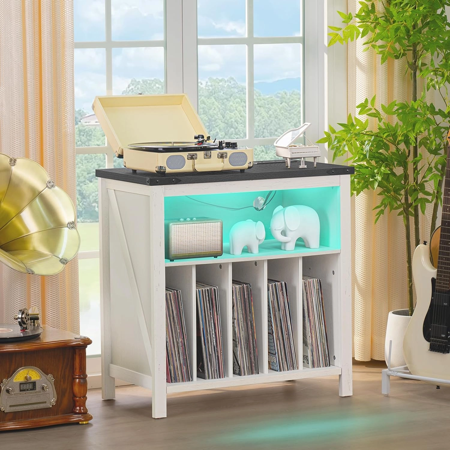 Large Record Player Stand with Charging Station & LED Lights, White Vinyl Record Storage Table Holds up to 230 Albums, Turntable Stand with Display Shelf for Music Room Bedroom Living Room