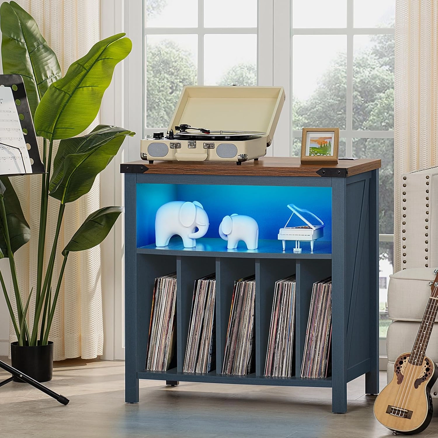 Large Record Player Table with Charging Station & LED Lights, Blue Vinyl Record Storage Cabinet Holds up to 230 Albums, Turntable Stand with Display Shelf for Music Room Bedroom Living Room