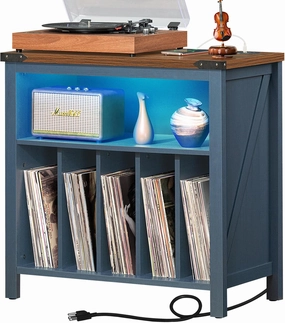 Large Record Player Table with Charging Station & LED Lights, Blue Vinyl Record Storage Cabinet Holds up to 230 Albums, Turntable Stand with Display Shelf for Music Room Bedroom Living Room direct-drive turntable,DJ turntable,hi-torque vinyl deck,