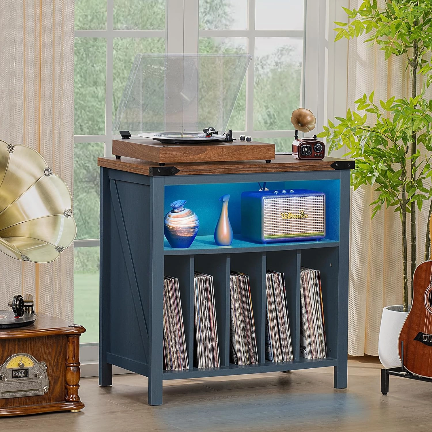 Large Record Player Table with Charging Station & LED Lights, Blue Vinyl Record Storage Cabinet Holds up to 230 Albums, Turntable Stand with Display Shelf for Music Room Bedroom Living Room