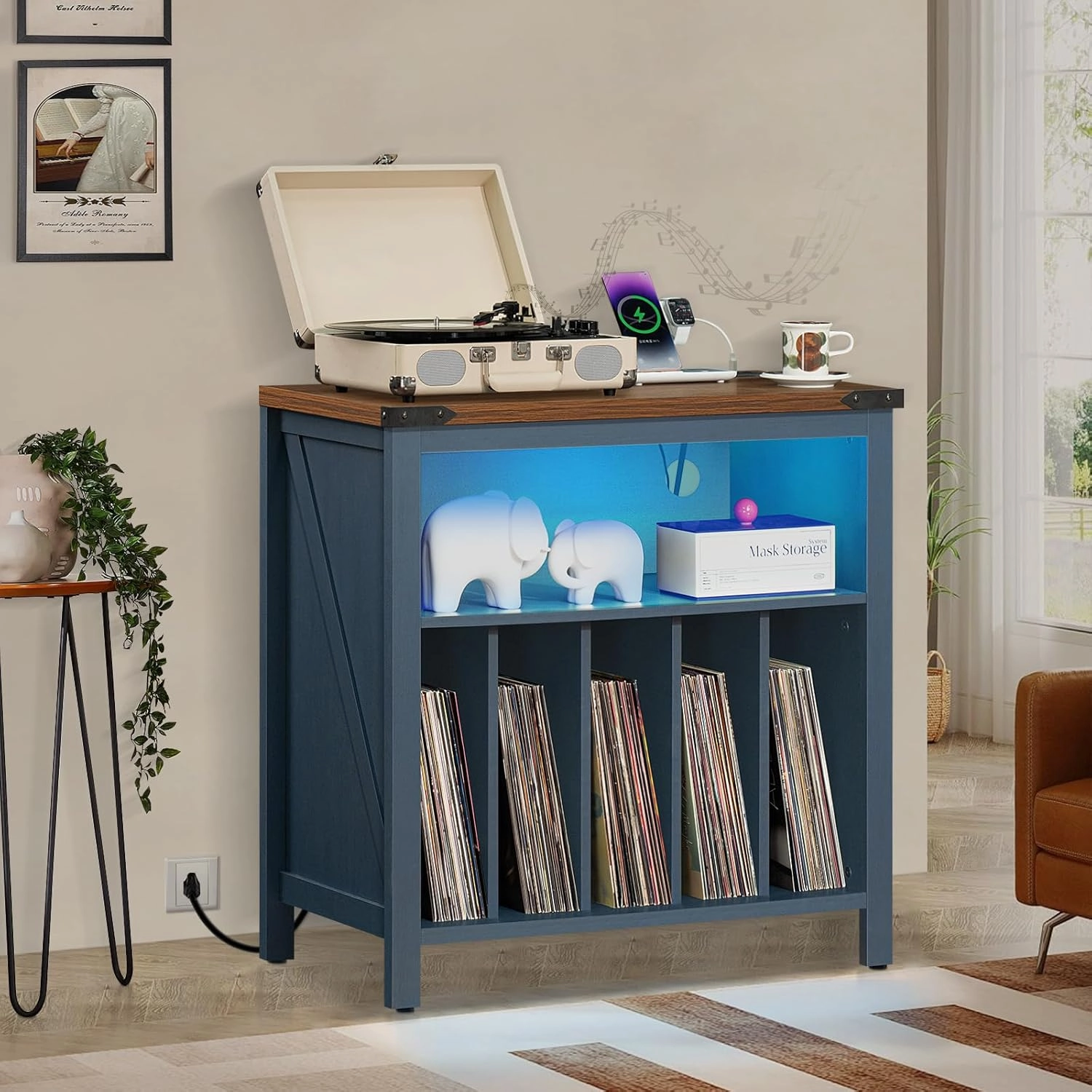 Large Record Player Table with Charging Station & LED Lights, Blue Vinyl Record Storage Cabinet Holds up to 230 Albums, Turntable Stand with Display Shelf for Music Room Bedroom Living Room