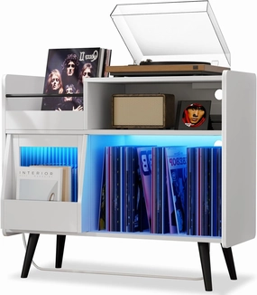Large White Record Player Stand with Sliding Door,350 Vinyl Record Storage Cabinet, Record Player Table with Power Outlet and LED Light,Turntable Stand with Wood Legs for Living Room,Office audio rack,hi-fi component stand,media shelf,