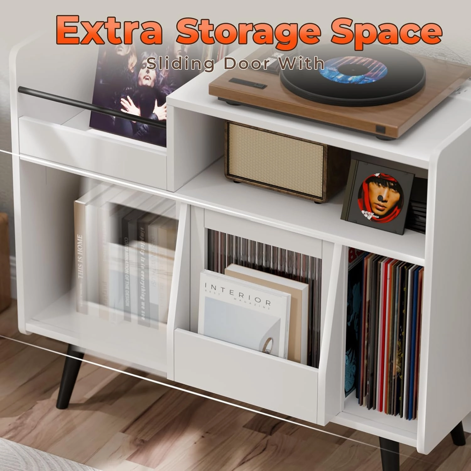 Large White Record Player Stand with Sliding Door,350 Vinyl Record Storage Cabinet, Record Player Table with Power Outlet and LED Light,Turntable Stand with Wood Legs for Living Room,Office