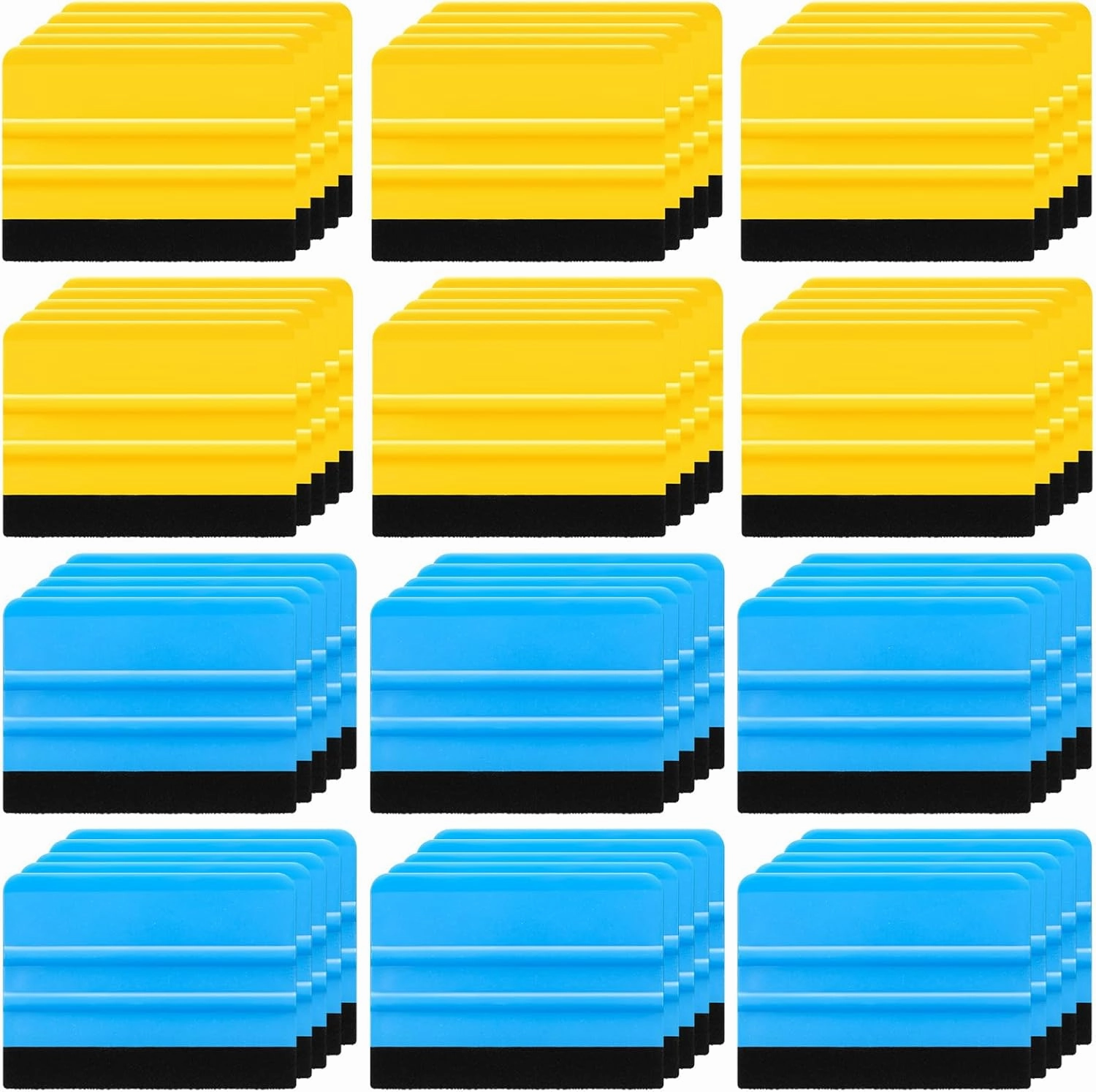 Lasnten 100 Pcs Squeegee for Vinyl Decal Tools 4 Inch Felt Edge Squeegee for Car Window Windshield Glass Cleaning Tool Vinyl Scraper Applicator Tool with Black Fabric Felt Edge, Blue Yellow vinyl accessories,turntable parts,record player tools,