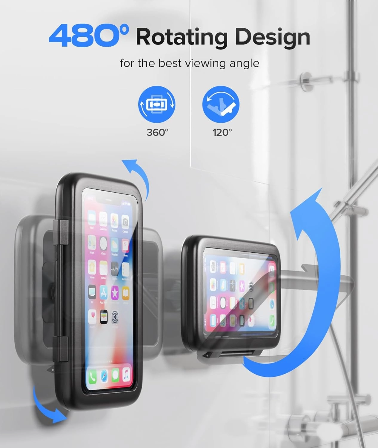 LC-dolida Shower Phone Holder Waterproof 480 Rotation Phone Stand Case Mount for Bathroom Batheub Kitchen Wall Mirro Compatible with iPhone 16 15 14 13 12 11 Plus Pro Max XS XR up to 6.8" Cell Phone