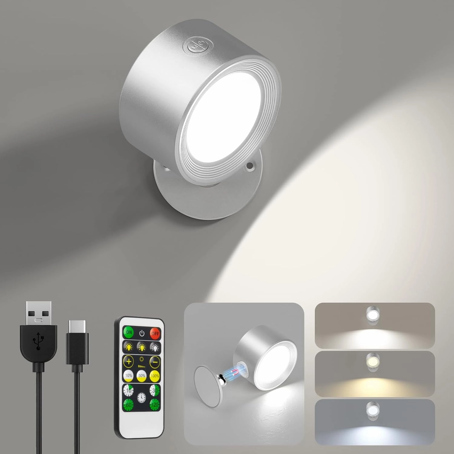 LED Reading Lights, Wall Lights Sconces with Remote Rechargeable Battery Operated, 3 Color Temperatures & Dimmable Light Magnetic Ball 360Rotation, Lamps for Study Bedside Closet speaker wall mount,audio bracket,AV wall mounting,