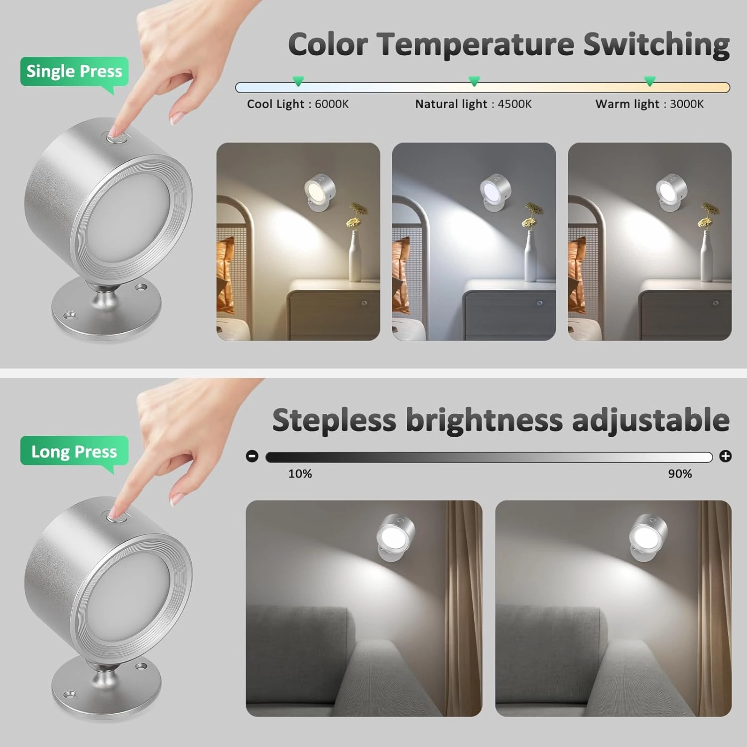 LED Reading Lights, Wall Lights Sconces with Remote Rechargeable Battery Operated, 3 Color Temperatures & Dimmable Light Magnetic Ball 360Rotation, Lamps for Study Bedside Closet