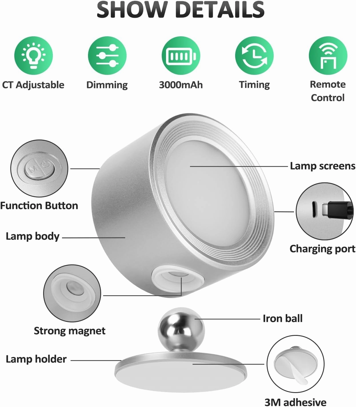 LED Reading Lights, Wall Lights Sconces with Remote Rechargeable Battery Operated, 3 Color Temperatures & Dimmable Light Magnetic Ball 360Rotation, Lamps for Study Bedside Closet