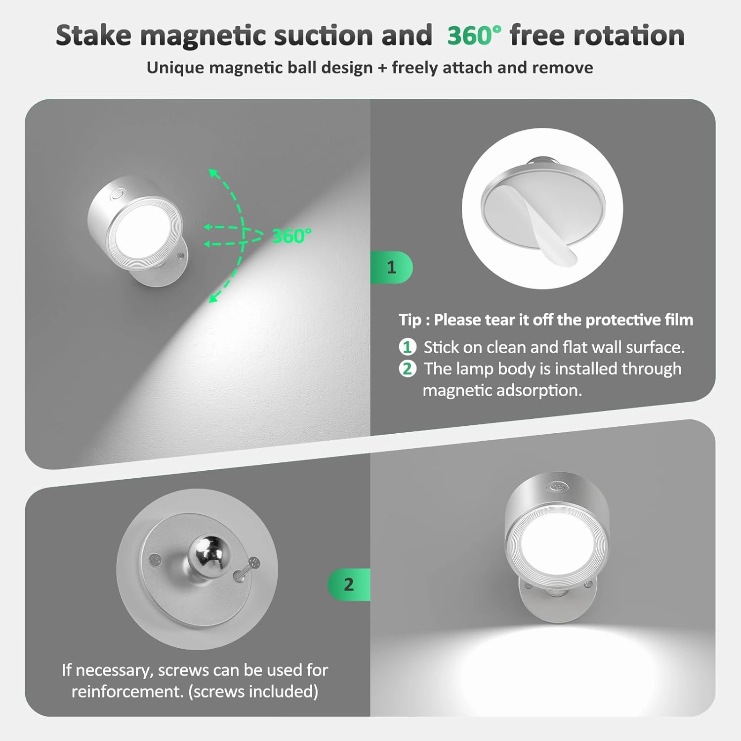 LED Reading Lights, Wall Lights Sconces with Remote Rechargeable Battery Operated, 3 Color Temperatures & Dimmable Light Magnetic Ball 360Rotation, Lamps for Study Bedside Closet