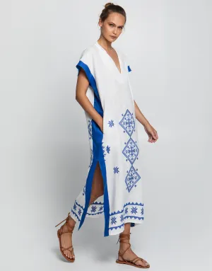 Lefkada Midi Kaftan Tunic - White and Blue
