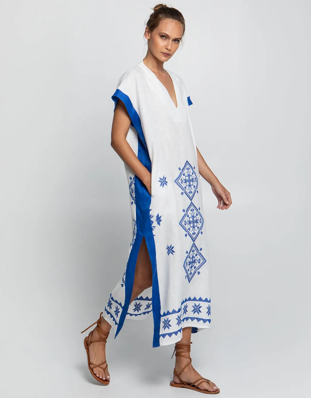 Lefkada Midi Kaftan Tunic - White and Blue
