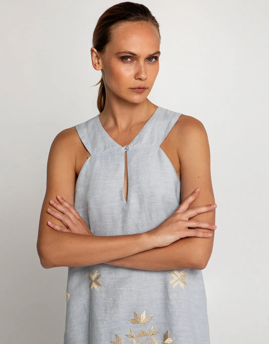 Lefkada Sleeveless Midi Dress - Light Grey and Gold