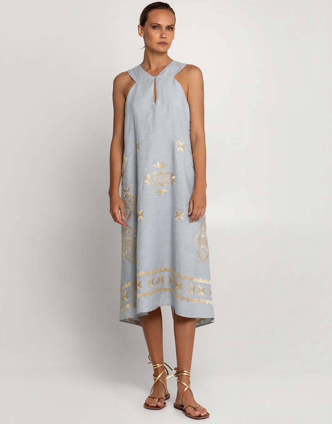 Lefkada Sleeveless Midi Dress - Light Grey and Gold
