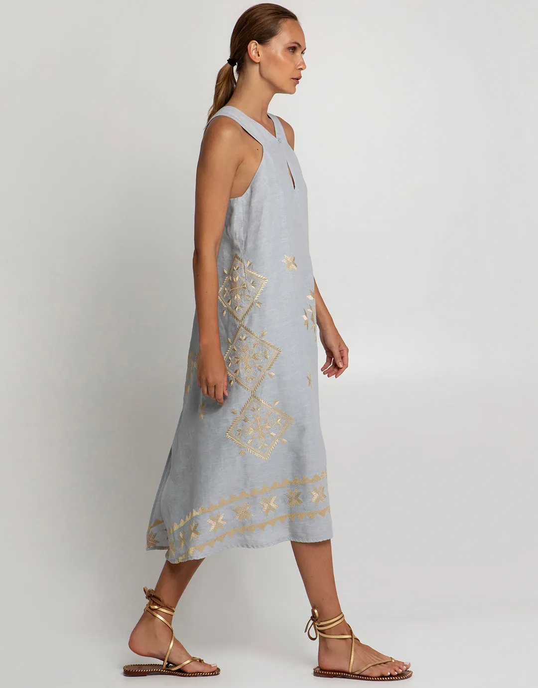 Lefkada Sleeveless Midi Dress - Light Grey and Gold