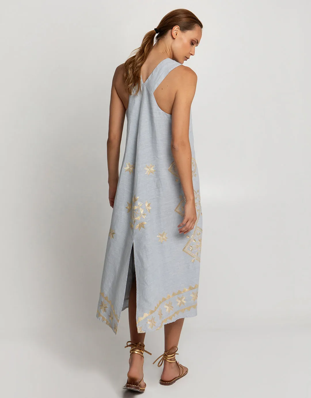 Lefkada Sleeveless Midi Dress - Light Grey and Gold