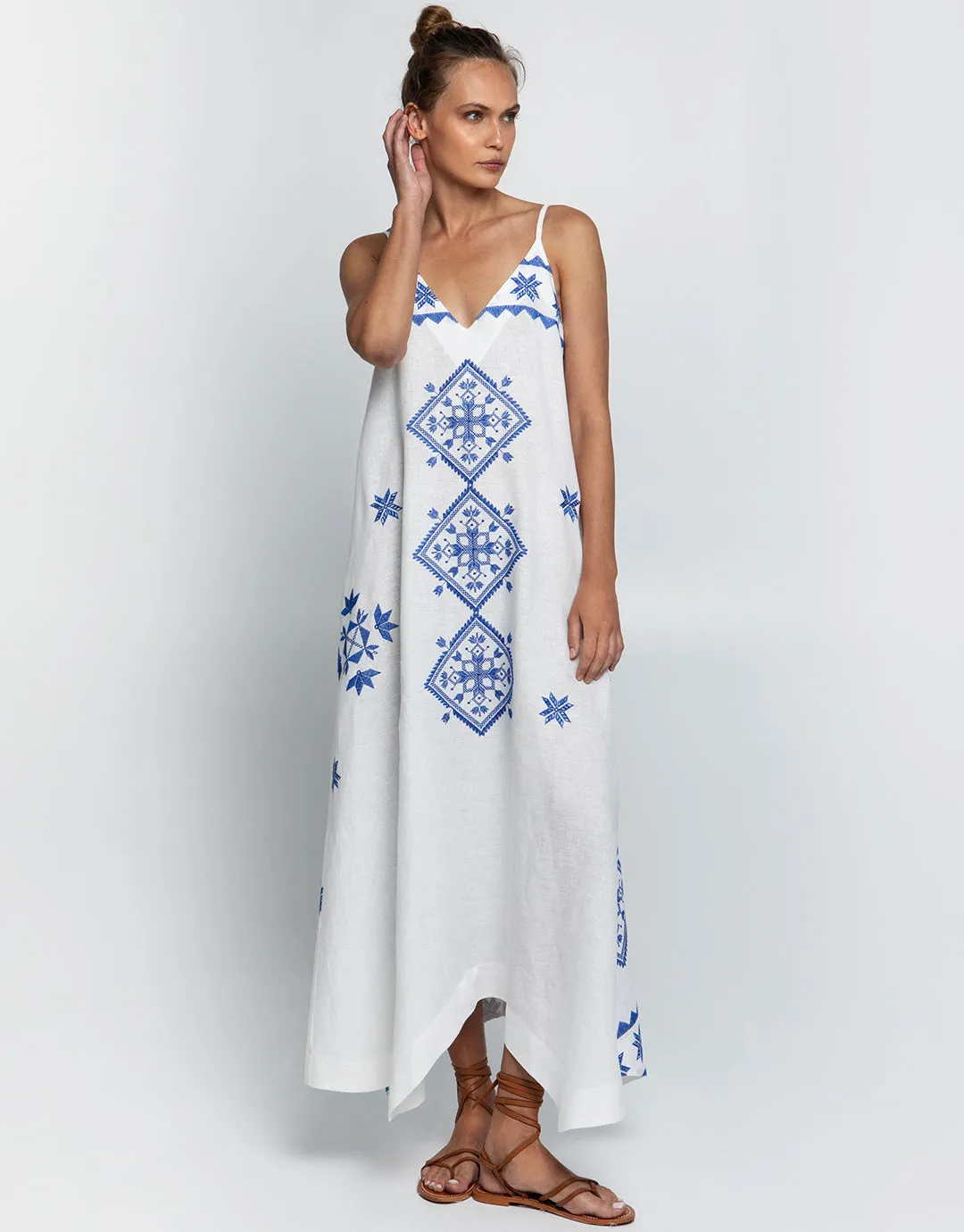 Lefkada Strappy Maxi Dress - White and Blue