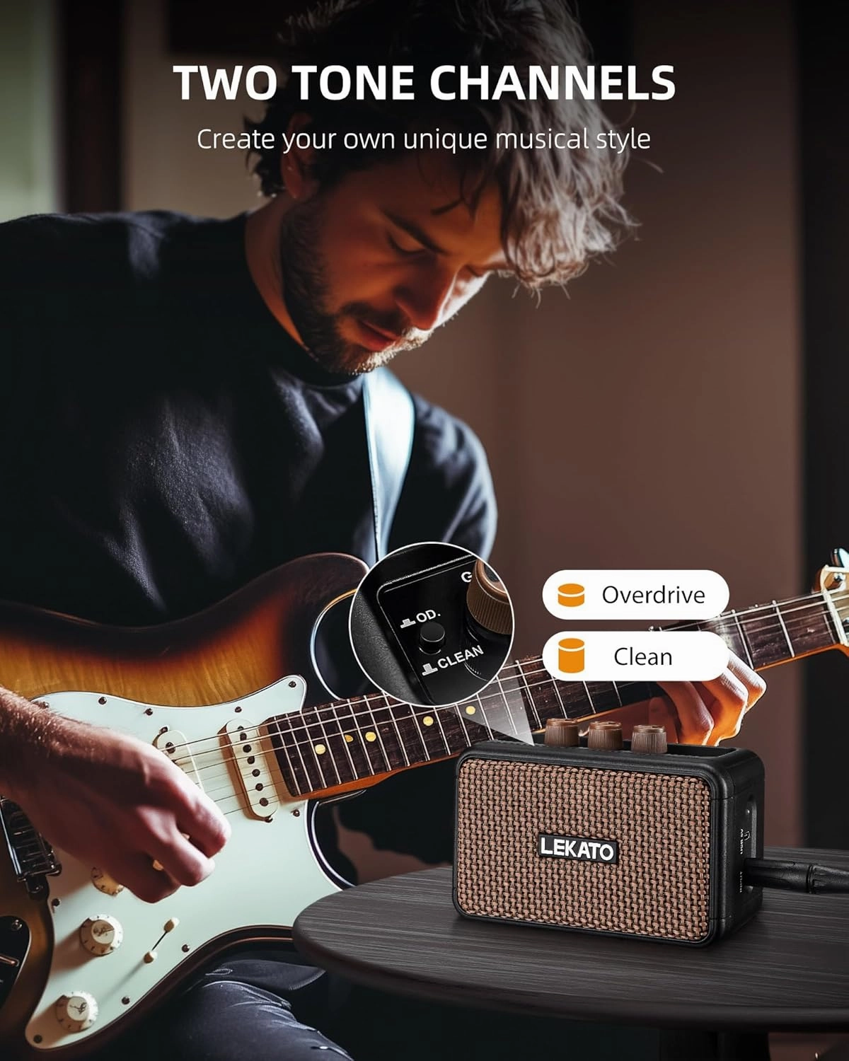 LEKATO Mini Electric Guitar Amplifier, Dual Speakers 5W, Rechargeable Guitar Amp Bluetooth with Clean Overdrive Effects, Headphone Jack, Retro Portable Small Amp for Practice
