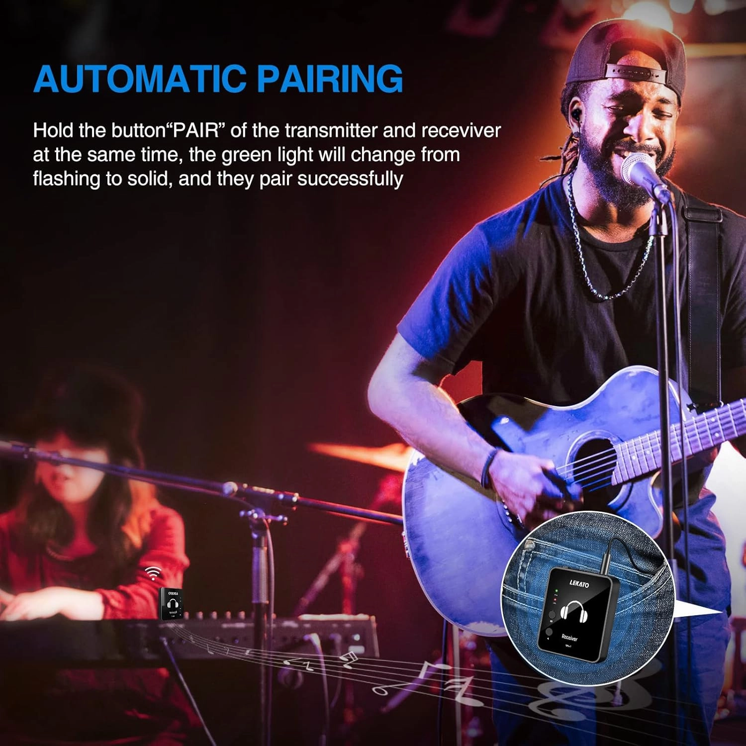 LEKATO MS-1 Wireless in Ear Monitor System, 2.4G Stereo in-Ear Monitoring Wireless with Transmitter Receiver Clip On, One to More, Auto-Pairing, IEM for Studio, Band Rehearsal,Small Gig