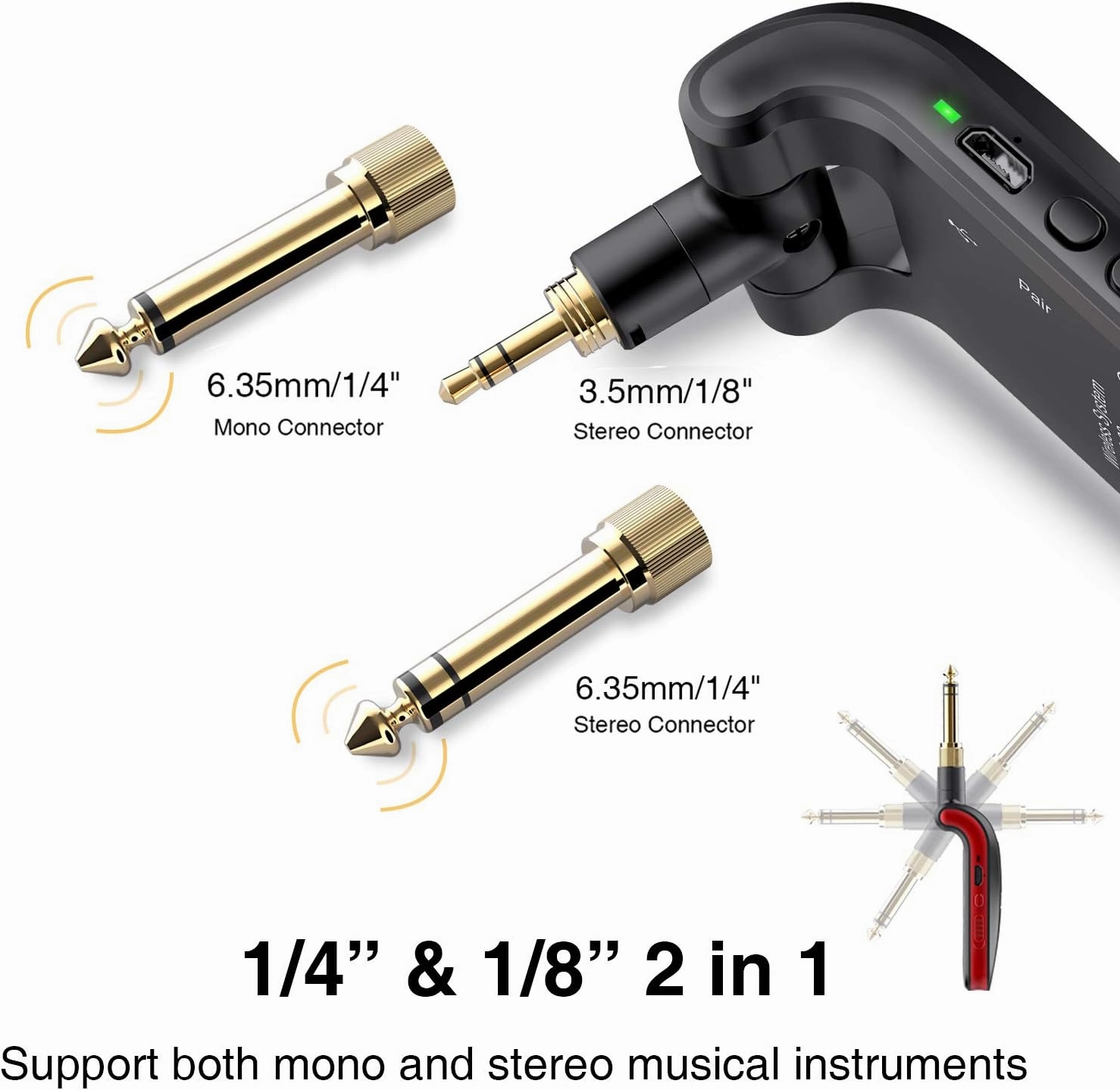 LEKATO Wireless Guitar System 2.4GHz Rechargeable Audio Wireless Transmitter Receiver 6 Channels for Guitar Bass Electric Instruments, Stereo and Mono 1/4 & 1/8 2 in 1 Plugs,Black(WS-60)