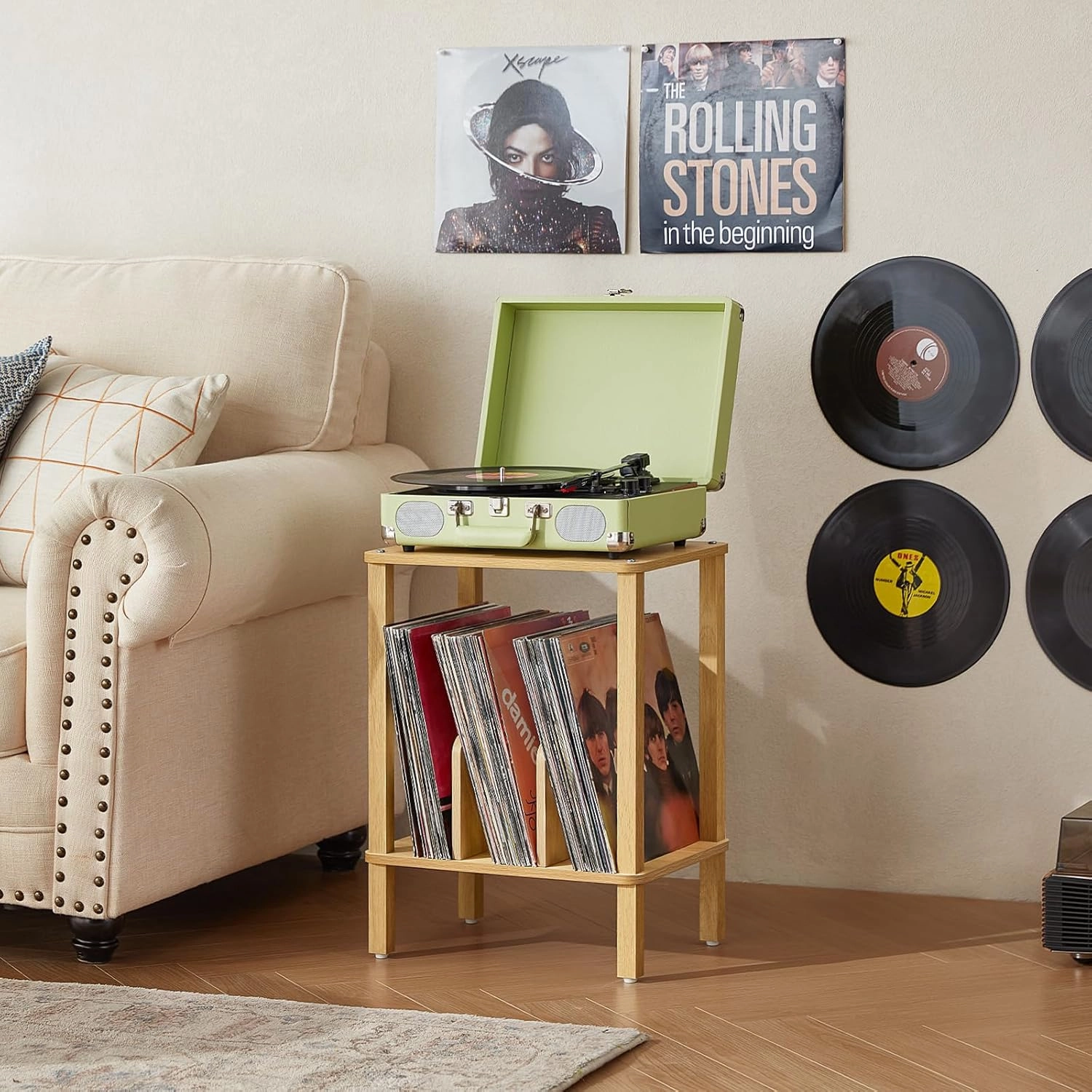 LELELINKY 2-Tier Bamboo Record Player Stand with Vinyl Record Storage up to 100 Albums, Boho Bedroom Record Holder and Multi-Functional End Table for Living Room, Natural