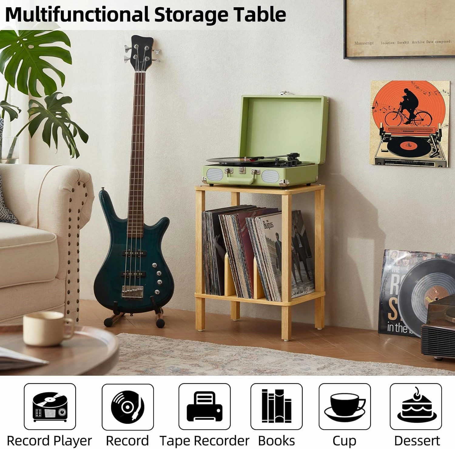 LELELINKY 2-Tier Bamboo Record Player Stand with Vinyl Record Storage up to 100 Albums, Boho Bedroom Record Holder and Multi-Functional End Table for Living Room, Natural