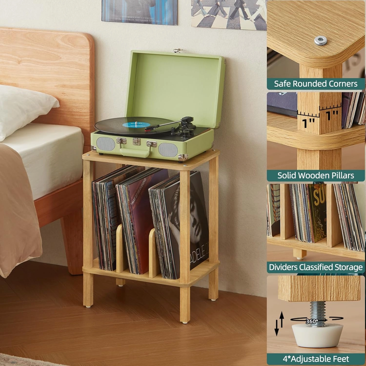 LELELINKY 2-Tier Bamboo Record Player Stand with Vinyl Record Storage up to 100 Albums, Boho Bedroom Record Holder and Multi-Functional End Table for Living Room, Natural