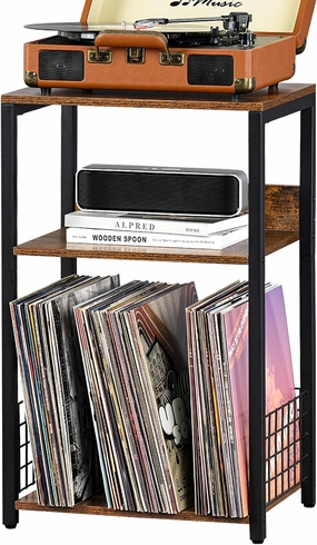 LELELINKY 3 Tier End Table,Record Player Stand with Storage Up to 100 Albums,Turntable Stand for Vinyl,Brown Records Shelf for Living Room Bedroom vinyl accessories,turntable parts,record player tools,