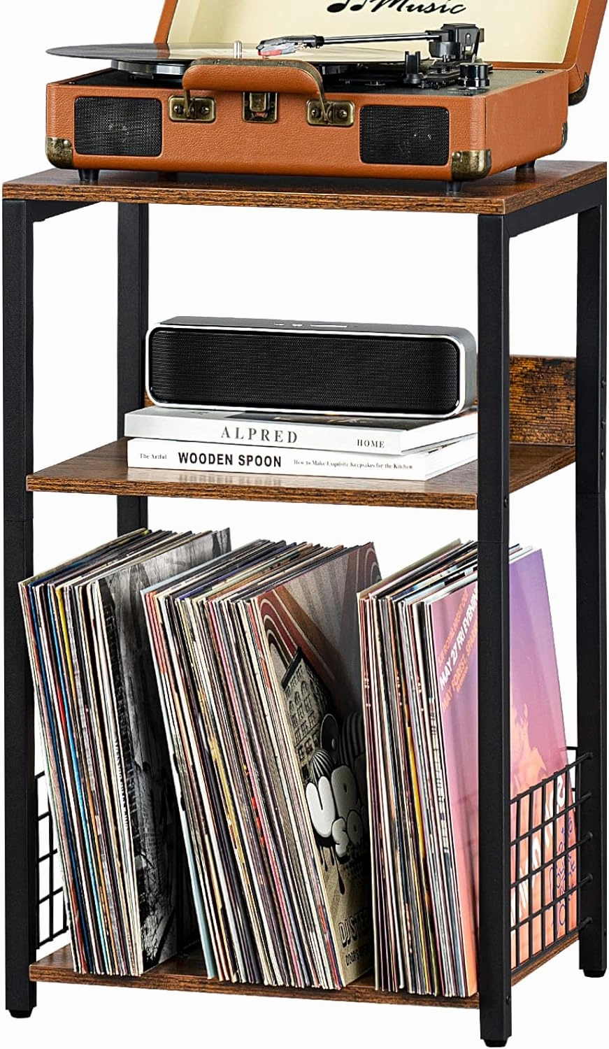 LELELINKY 3 Tier End Table,Record Player Stand with Storage Up to 100 Albums,Turntable Stand for Vinyl,Brown Records Shelf for Living Room Bedroom vinyl accessories,turntable parts,record player tools,