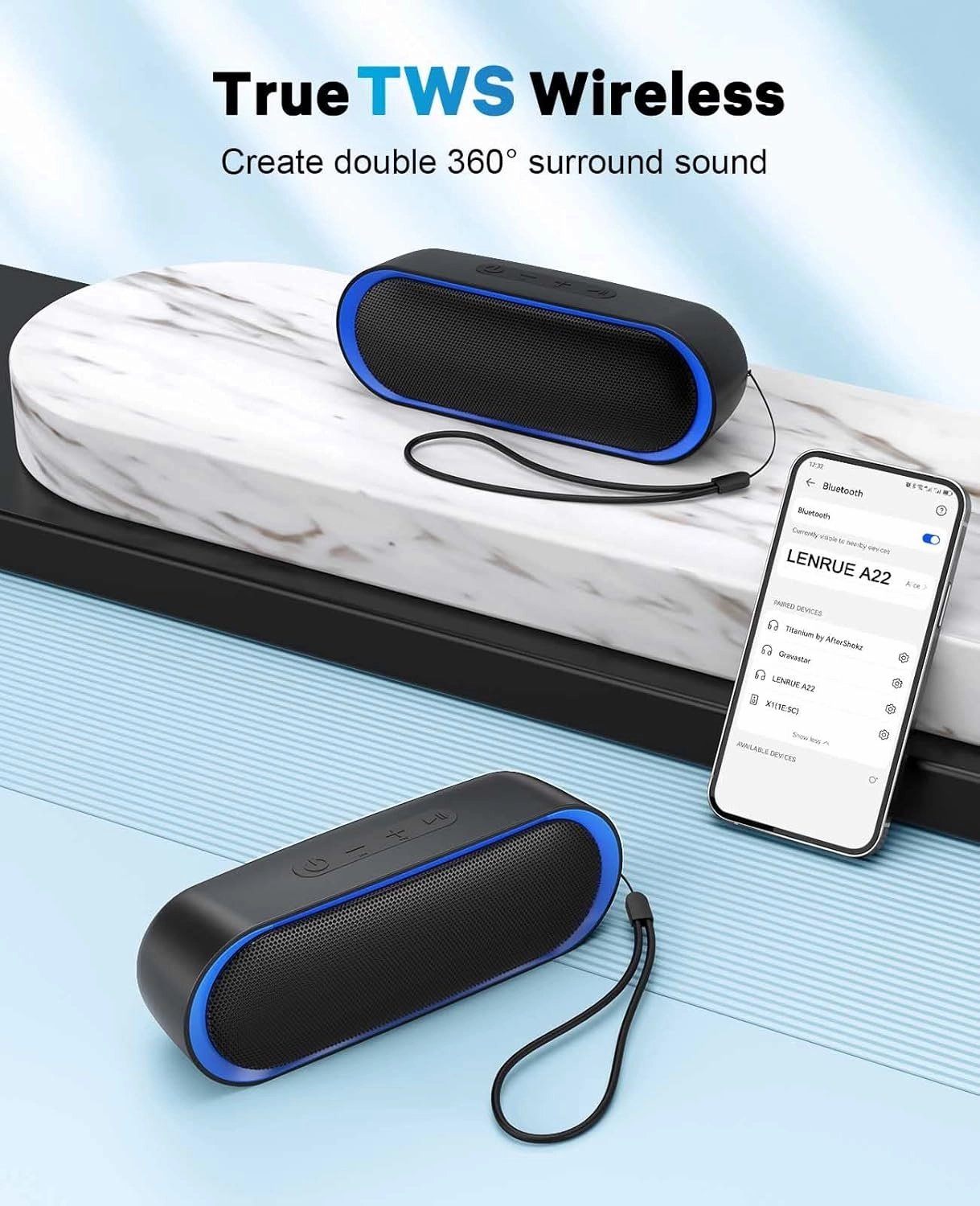 LENRUE Bluetooth Speakers, Waterproof Portable Speakers with TWS, 24 Playtime, Stereo Sound, Wireless for Home Shower Pool Beach Outdoor (Black)
