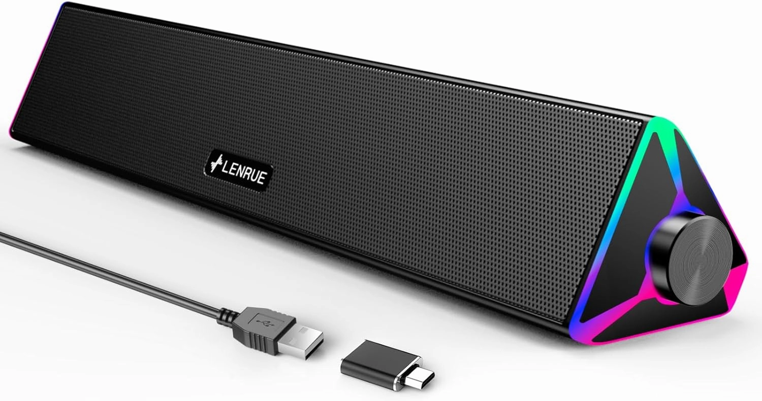 LENRUE Computer Speakers for Desktop,PC Speakers with Single USB for Power and Stereo Sound,Touch Lights Gaming Speakers Sound bar for Desktop PC Monitor Laptop(USB-C Adapter Included) soundbar,TV speaker bar,home theater soundbar,