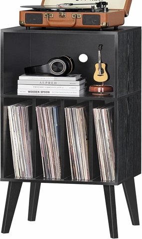 Lerliuo Record Player Stand, Black Turntable Stand Holds up to 160 Albums, Mid-Century Vinyl Storage Cabinet Table with Solid Wood Legs, Record Player Holder Dispaly Shelf for Bedroom Living Room vinyl storage,record holder,LP organizer,