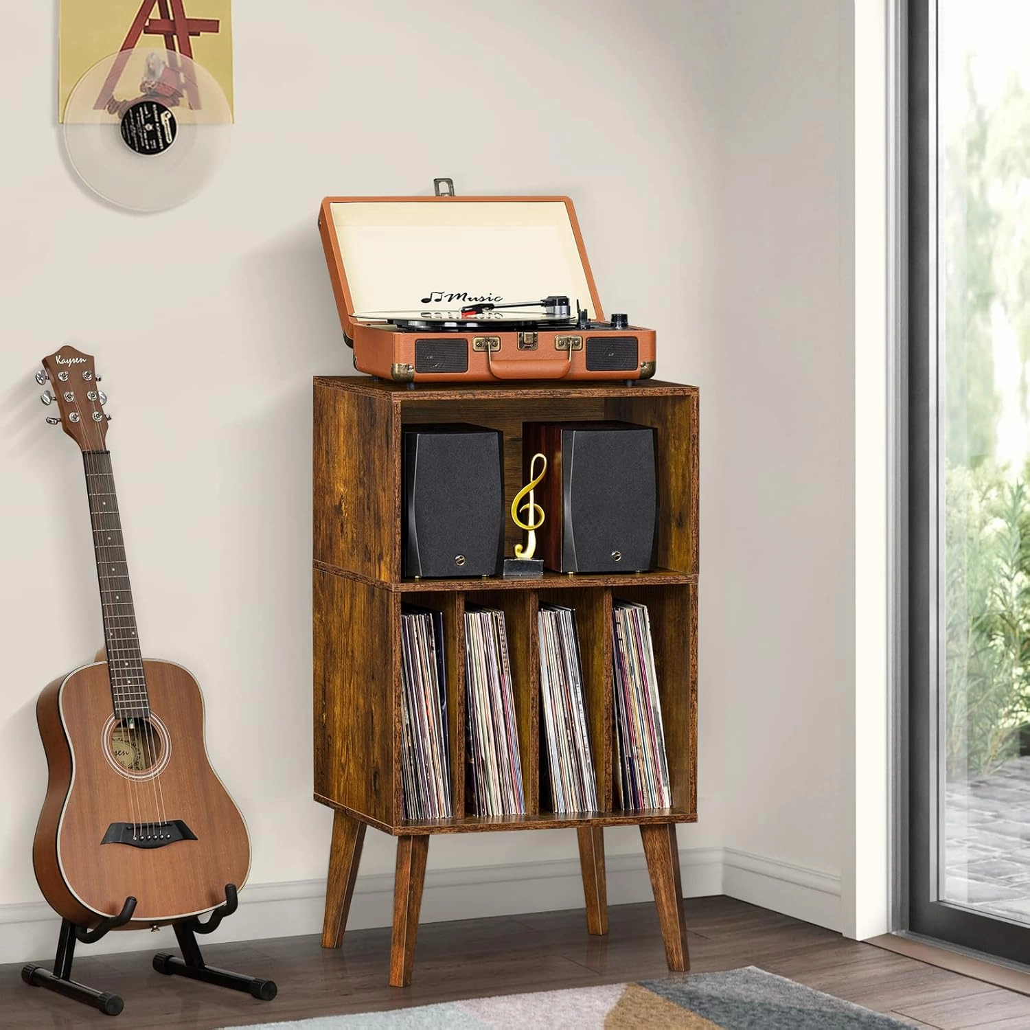 Lerliuo Record Player Stand, Brown Turntable Stand Holds up to 160 Albums, Mid-Century Vinyl Storage Cabinet Table with Solid Wood Legs, Record Player Holder Dispaly Shelf for Bedroom Living Room