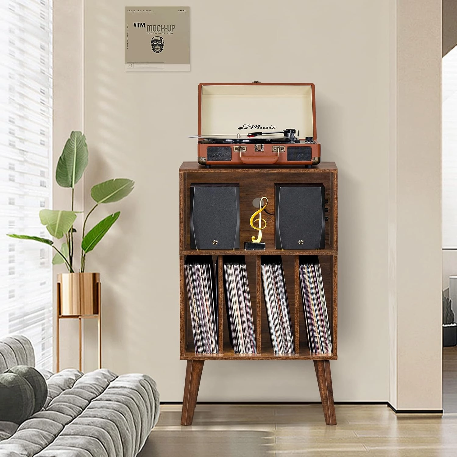 Lerliuo Record Player Stand, Brown Turntable Stand Holds up to 160 Albums, Mid-Century Vinyl Storage Cabinet Table with Solid Wood Legs, Record Player Holder Dispaly Shelf for Bedroom Living Room