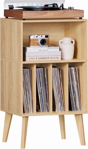 Lerliuo Record Player Stand, Burlywood Turntable Stand Holds up to 160 Albums, Mid-Century Vinyl Storage Cabinet Table with Solid Wood Legs, Record Player Holder Dispaly Shelf for Bedroom Living Room vinyl storage,record holder,LP organizer,