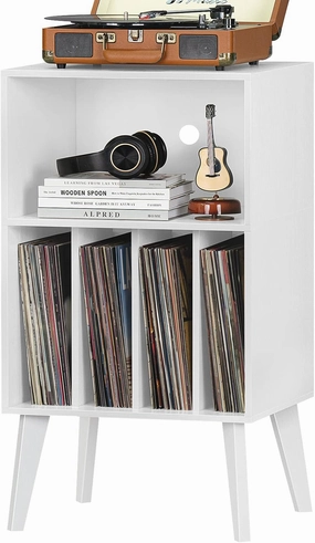 Lerliuo Record Player Stand, White Turntable Stand Holds up to 160 Albums, Mid-Century Vinyl Storage Cabinet Table with Solid Wood Legs, Record Player Holder Dispaly Shelf for Bedroom Living Room vinyl storage,record holder,LP organizer,