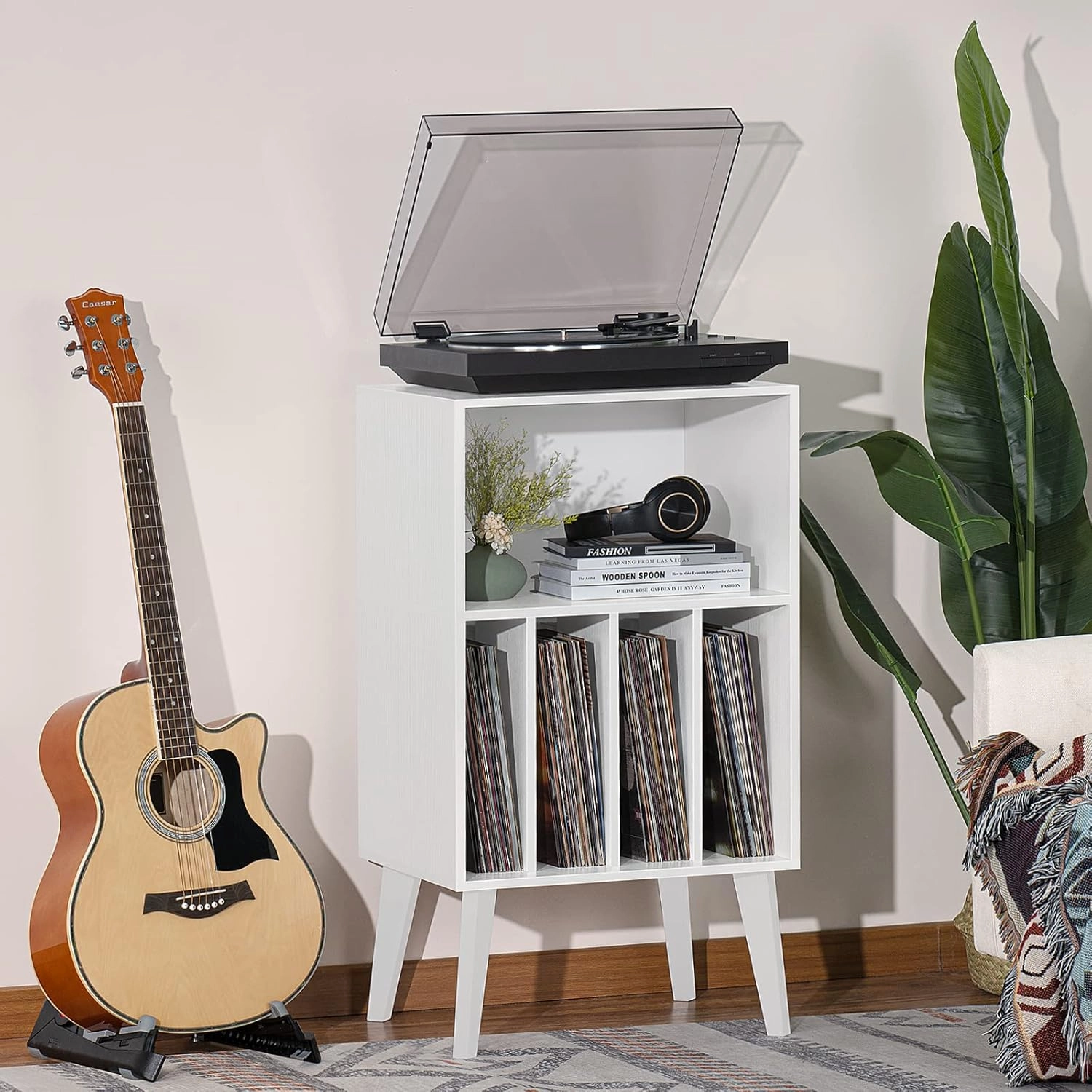 Lerliuo Record Player Stand, White Turntable Stand Holds up to 160 Albums, Mid-Century Vinyl Storage Cabinet Table with Solid Wood Legs, Record Player Holder Dispaly Shelf for Bedroom Living Room