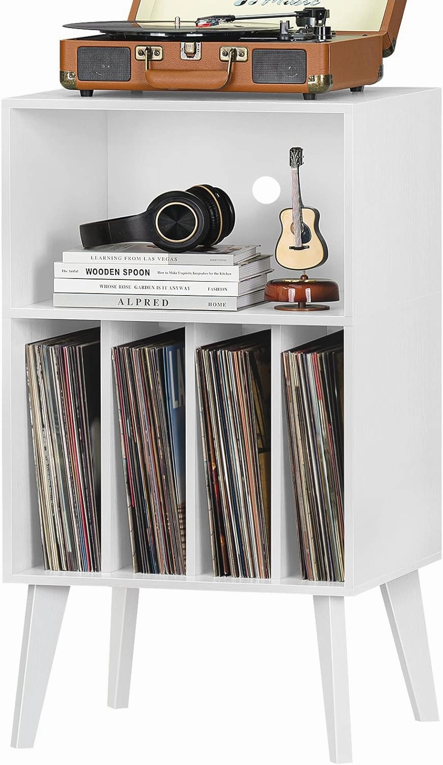 Lerliuo Record Player Stand, White Turntable Stand Holds up to 160 Albums, Mid-Century Vinyl Storage Cabinet Table with Solid Wood Legs, Record Player Holder Dispaly Shelf for Bedroom Living Room vinyl storage,record holder,LP organizer,