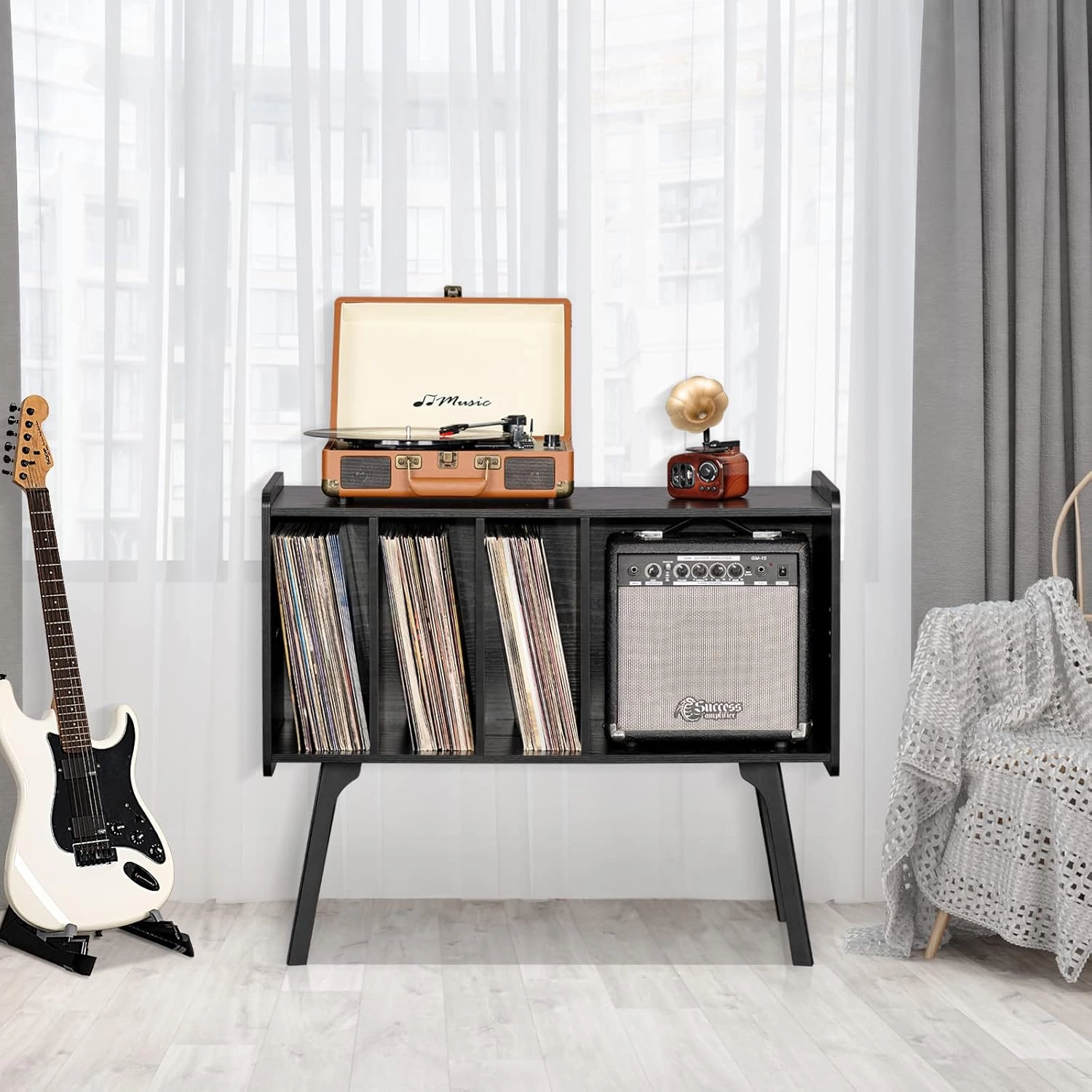 Lerliuo Record Player Stand with 4 Cabinet Holds Up to 220 Albums, Large Turntable Stand with Beech Wood Legs, Mid-Century Record Player Table,Black Vinyl Holder Storage Shelf for Bedroom Living Room