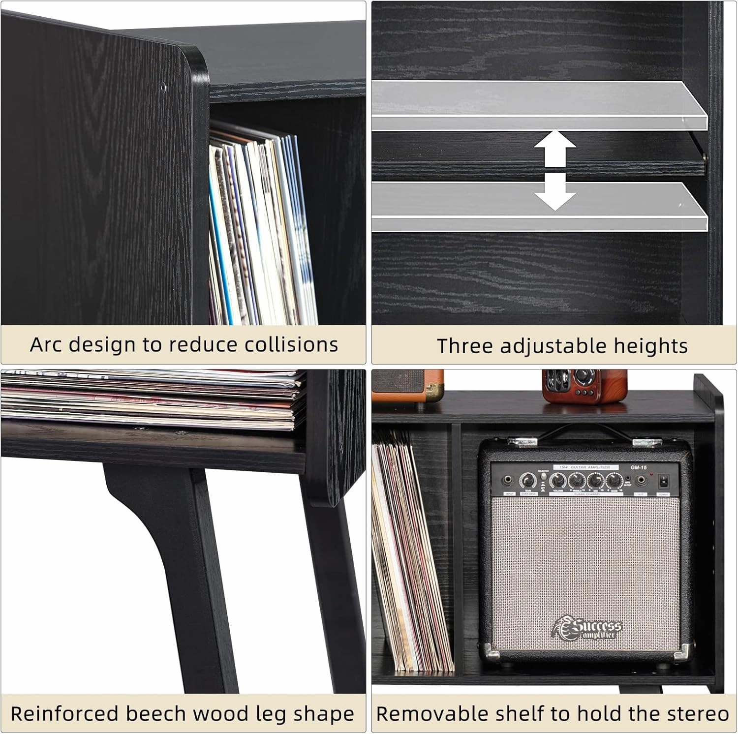 Lerliuo Record Player Stand with 4 Cabinet Holds Up to 220 Albums, Large Turntable Stand with Beech Wood Legs, Mid-Century Record Player Table,Black Vinyl Holder Storage Shelf for Bedroom Living Room