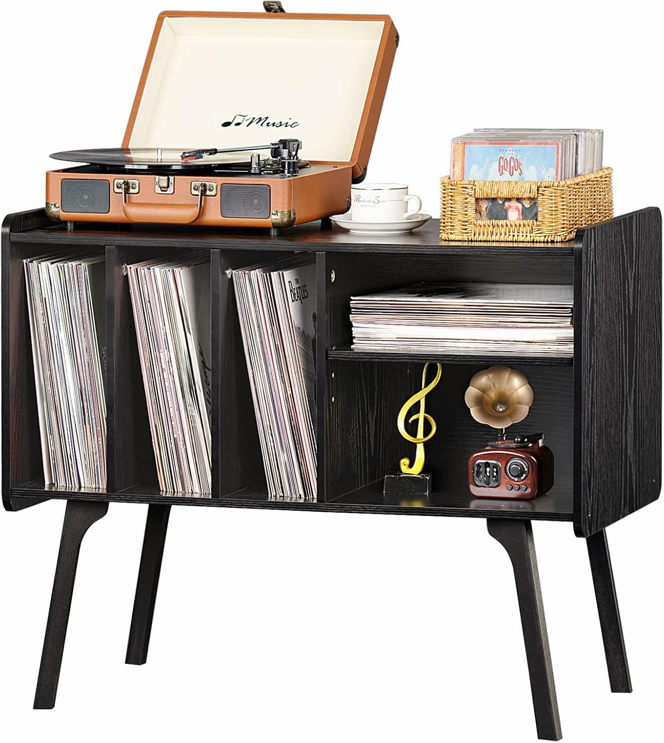 Lerliuo Record Player Stand with 4 Cabinet Holds Up to 220 Albums, Large Turntable Stand with Beech Wood Legs, Mid-Century Record Player Table,Black Vinyl Holder Storage Shelf for Bedroom Living Room vinyl storage,record holder,LP organizer,