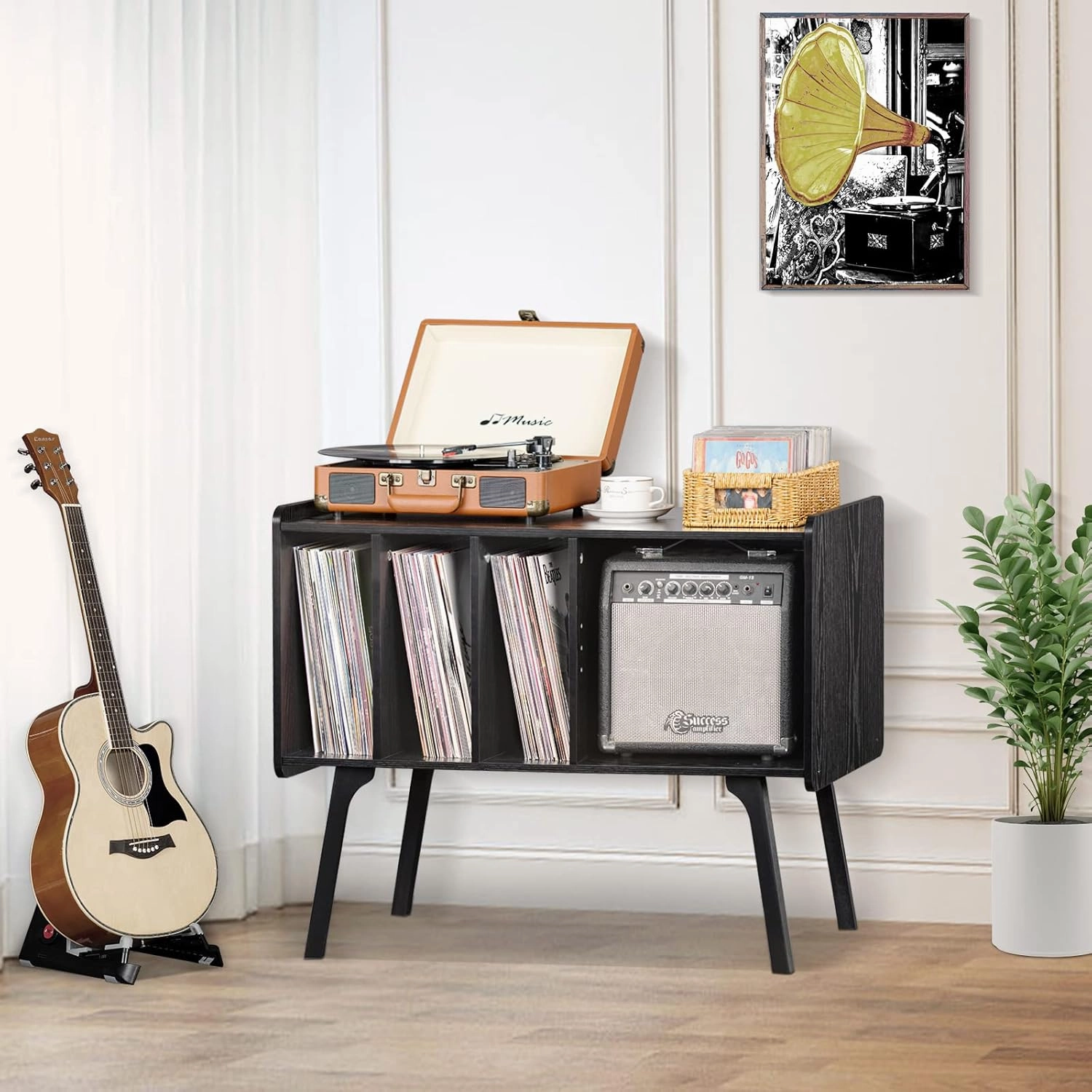 Lerliuo Record Player Stand with 4 Cabinet Holds Up to 220 Albums, Large Turntable Stand with Beech Wood Legs, Mid-Century Record Player Table,Black Vinyl Holder Storage Shelf for Bedroom Living Room